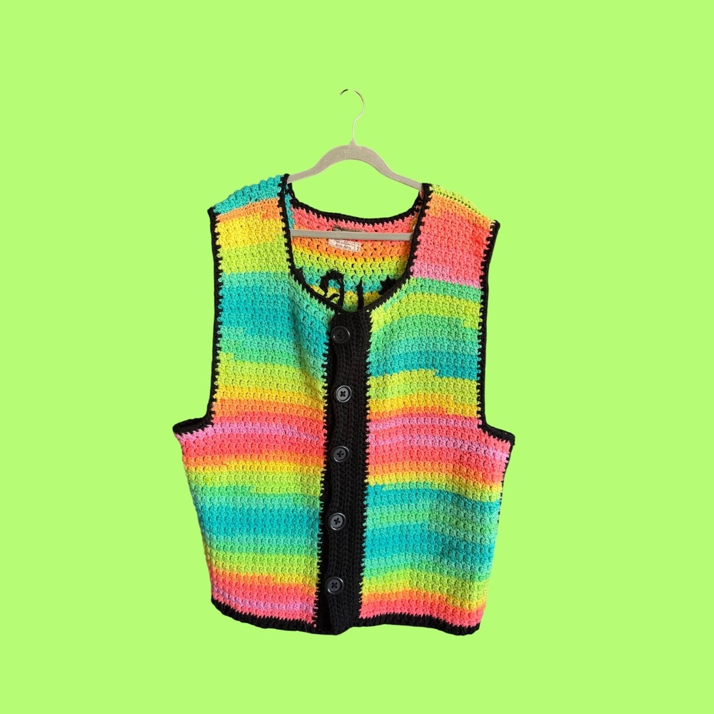Auntie Audrey Bird Man Neon Rainbow Crochet Vest Oversized Hand Knit XL